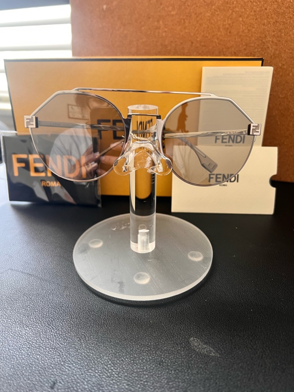 Fendi Silver Frame Brown-Gray Lens Geometric Sunglasses
